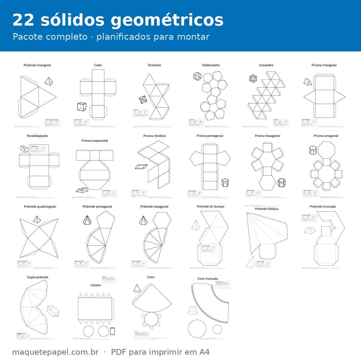 22 sólidos geométricos planificados para imprimir e montar